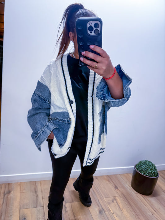 Veste gilet grosse maille jean blanc