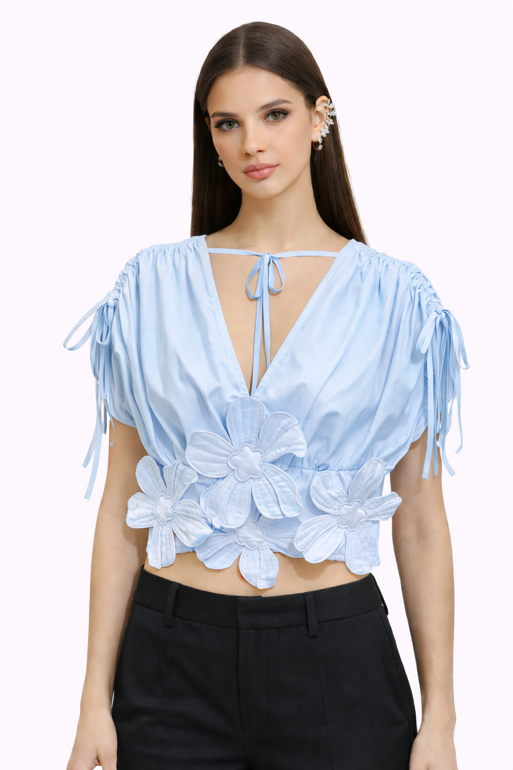 CIEL — Top Satin Bleu Fleurs 3D