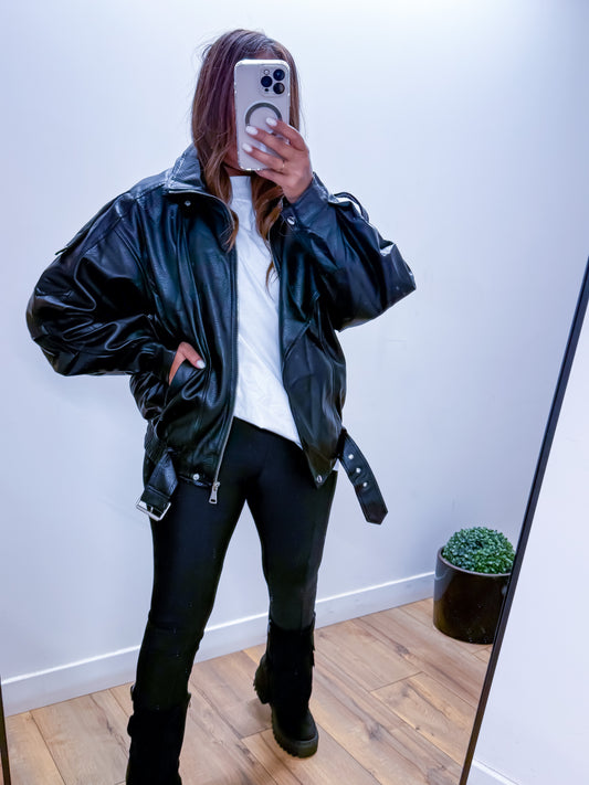 Veste motard bombée simili cuir noir exclusivité Mûzâ